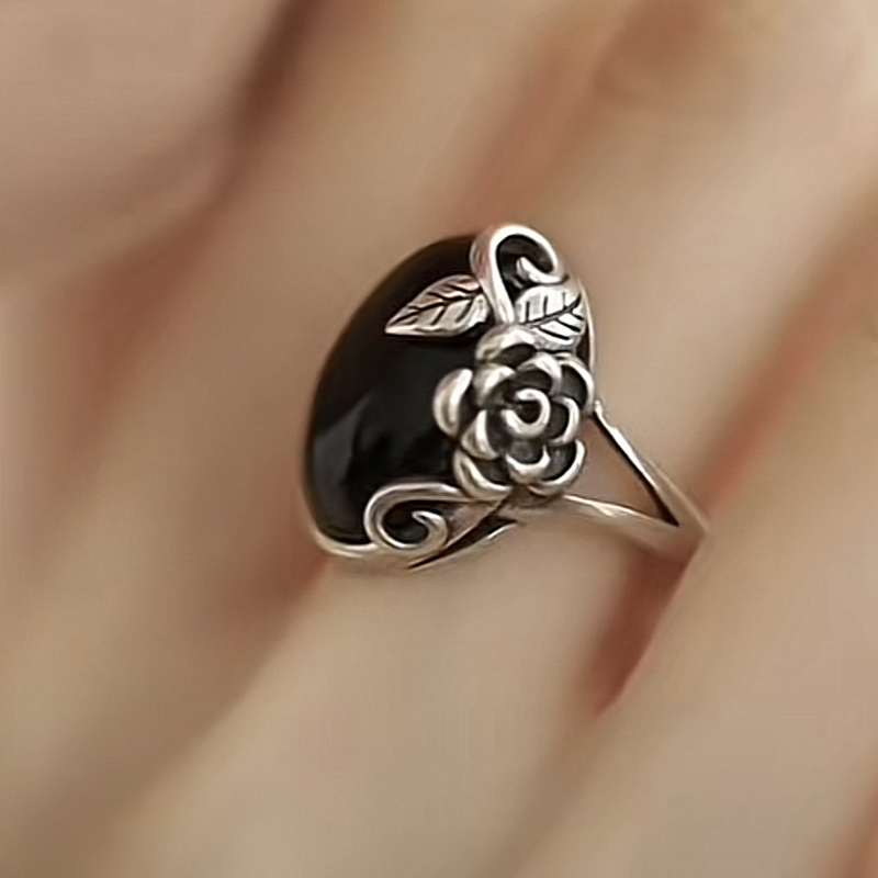 Vintage Fashion Rings For Women - Thai Silver Black Rose Ring Women's